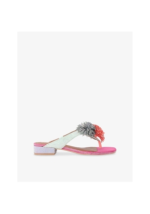 Womens Kurt Geiger London Pom Pom T-Bar Embellished Flat Suede Sandals