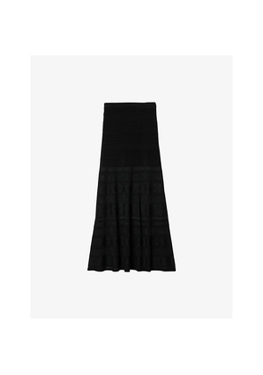 Womens Sandro High-Rise Decorative-Stitch Knitted Midi Skirt