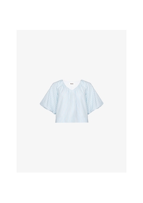 Womens Ro&Zo V-Neck Puff-Sleeve Striped Cotton Top