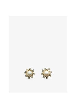 Womens Jennifer Gibson Jewellery Pre-Loved Monet Sunburst Gold-Plated Metal and Crystal-Pearl Stud Earrings