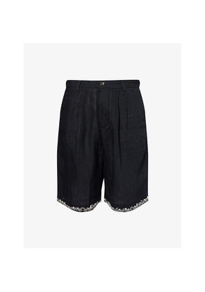 Mens Kartik Research Embroidered Pleated Linen Shorts