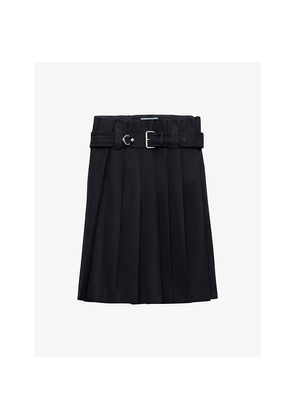 Womens Prada Pleated Belted Garbadine-Wool Knee-Length Skirt