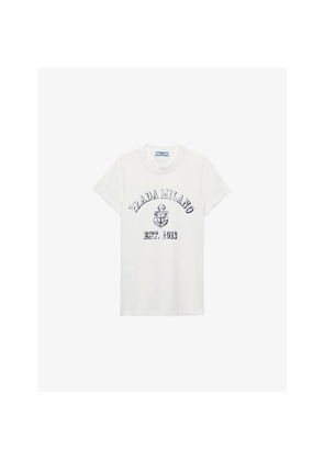 Womens Prada Logo-Print Triangle-Appliqué Cotton-Jersey T-Shirt
