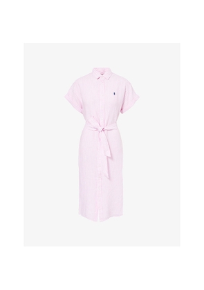 Womens Polo Ralph Lauren Logo-Embroidered Stripe-Print Linen Midi Shirt Dress