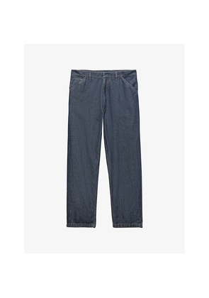 Mens Prada Triangle-Logo Relaxed Chambray Cotton-Linen Trousers