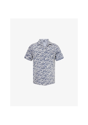 Mens Drakes Duck Block-Print Camp-Collar Short Sleeve Cotton Shirt