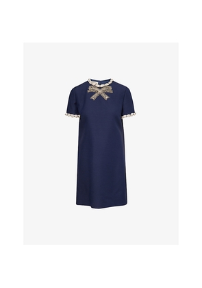 Womens Valentino Garavani Embroidered Short-Sleeve Wool-Silk Mini Dress