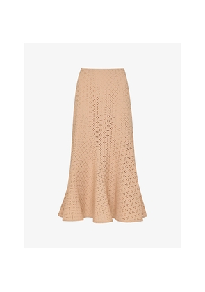Womens Whistles Broderie Fluted-Hem Regular-Fit Cotton Midi Skirt