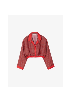 Womens Sandro Scarf-Print V-Neck Cropped Woven Shirt