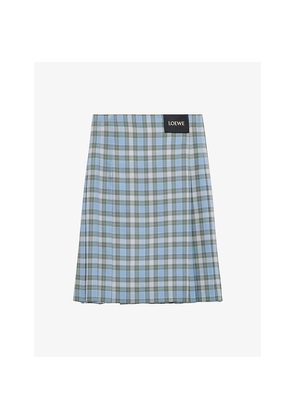 Womens Loewe Pleated Check Wool-Blend Midi Skirt
