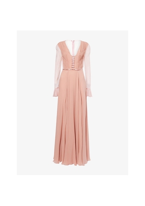 Womens Valentino Garavani Shirred-Bodice Sheer-Sleeve Silk Gown