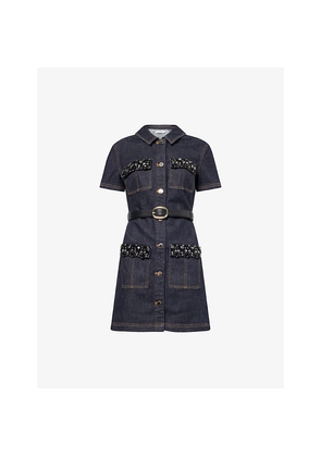 Womens Self-Portrait Crystal Short-Sleeves Stretch-Denim Blend Mini Dress