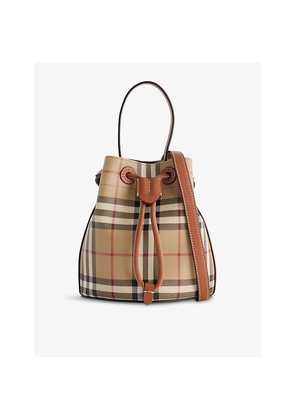 Womens Burberry Check Mini Drawstring Coated-Canvas Bucket Bag