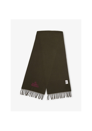 Mens Vivienne Westwood Embroidered Logo Fringed Wool Scarf