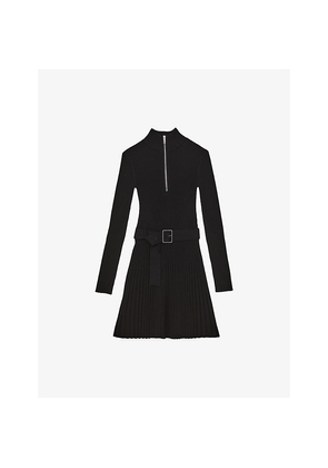 Womens Reiss Vienna Zip-Neck Flippy-Hem Stretch-Knit Mini Dress