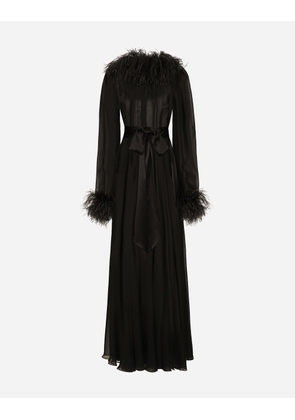 Dolce & Gabbana Long Silk Chiffon Dress With Ostrich Feather Details - Woman Dresses Black Silk 40