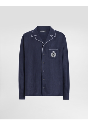 Dolce & Gabbana Linen Vanity Shirt With Heraldic Emblem - Man Shirts Blue 42