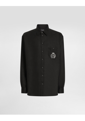Dolce & Gabbana Linen Shirt With Heraldic Patch - Man Shirts Black Linen 42