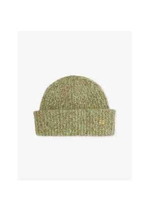 Mens Ganni Monogram-Plaque Ribbed Stretch-Wool Blend Beanie
