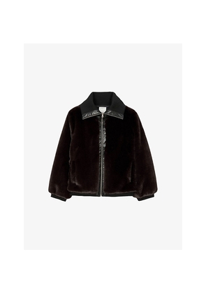 Womens Sandro Short Stand-Collar Faux-Fur Coat