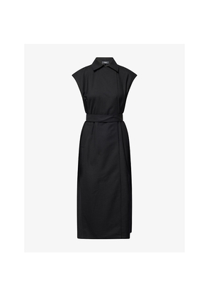 Womens Theory Belted Cap-Sleeves Stretch-Woven Midi Dress