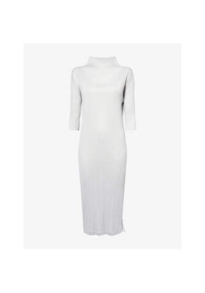 Womens Pleats Please Issey Miyake Three-Quarter Sleeve Plisse Knitted Midi Dress