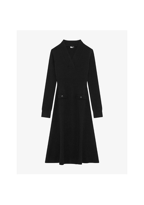 Womens The Kooples V-Neck Long-Sleeve Wool Midi Dress