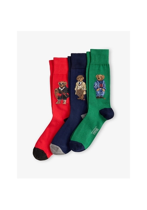 Mens Polo Ralph Lauren Bear Stretch Cotton-Blend Socks Gift Box Set Of Three