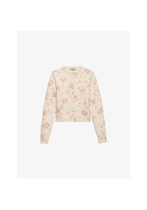 Womens Prada Floral-Intarsia Slim-Fit Wool Cardigan