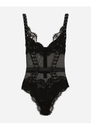 Dolce & Gabbana Lace And Tulle Bodysuit With Lacing And Eyelets - Woman Shirts And Tops Black Fabric 4