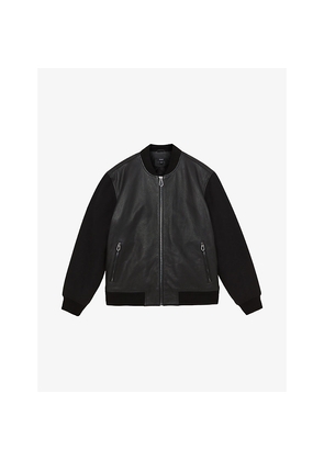 Mens Reiss Pearman Wool-Sleeve Leather Bomber Jacket