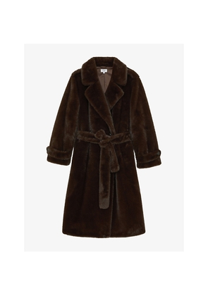 Womens Reiss Cate Belted-Waist Faux-Fur Coat
