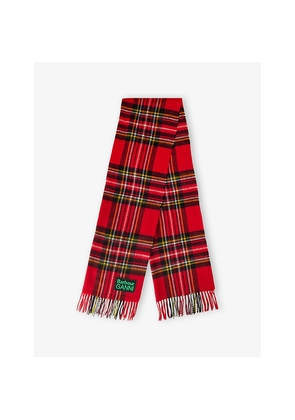 Womens Barbour x Ganni Tartan-Print Logo-Appliqué Wool Scarf