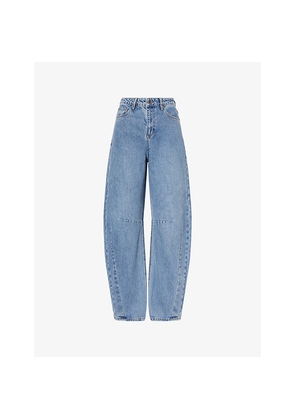 Womens Self-Portrait Brand-Embroidery Barrel-Leg Denim Jeans