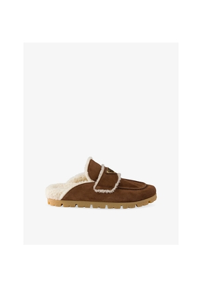 Womens Prada Brand-Plaque Suede and Shearling Mules