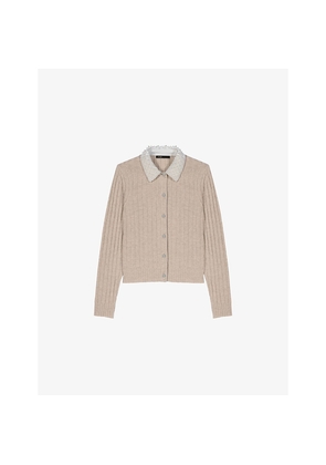 Womens Maje Beaded Removable-Collar Stretch Wool-Blend Cardigan