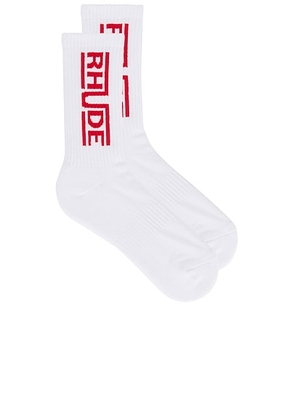 Rhude Champions Logo Sock in White & Red - White. Size all.