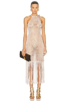 Blumarine Long Fringe Dress in Chalk & Bear Brown - Taupe. Size M (also in XS).