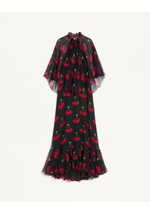 Valentino Long Dress In Crepponne Chiffon With Cherryfic Print Woman BLACK/CHERRY RED 38