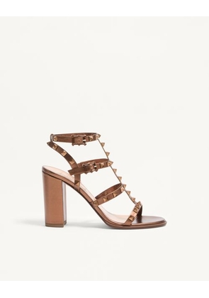 Valentino Garavani Rockstud  Metallic Calfskin Ankle Strap Sandal 90 Mm Woman BRONZE 35