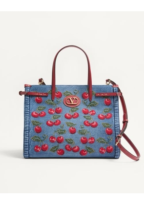 Valentino Garavani Valentino Garavani Antibes Medium Shopping Bag In Denim With Cherryfic Embroidery Woman DENIM/MULTICOLOUR UNI