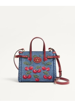 Valentino Garavani Valentino Garavani Antibes Small Denim Shopping Bag With Cherryfic Embroidery Woman DENIM/MULTICOLOUR UNI