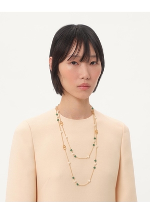 Valentino Garavani Vlogo Signature Long Necklace In Metal, Pearls And Knurled Glass Woman GOLD/GREEN UNI