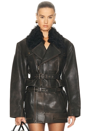 Alex Perry Cropped Leather Biker Jacket in Dark Brown - Brown. Size L (also in S).