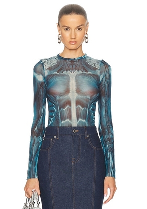 Jean Paul Gaultier Ecorche Mesh Printed Long Sleeve Top in Blue  Light Blue  & White - Blue. Size XS (also in ).