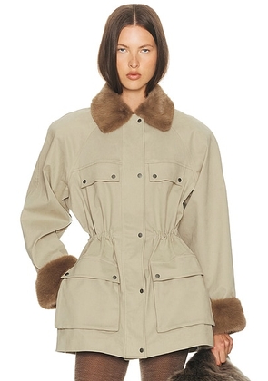 Helsa The Balmoral Jacket With Faux Fur Trim in Khaki - Brown. Size L (also in M, XL).