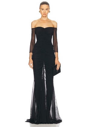 Norma Kamali Off Shoulder Shirred Front Fishtail Gown in Black - Black. Size S (also in XS).