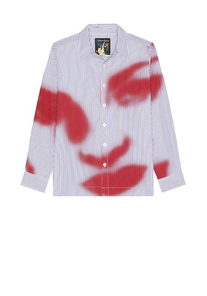 KidSuper Blurry Face Airbrush Striped Button Up Shirt in Red - Blue,Red. Size S (also in L, M).