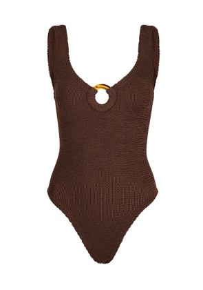 Hunza G - Celine Cut-out Seersucker Swimsuit, Chocolate, One Size, V-neck, Cut-out Ring Detail, Machine Wash, Hunza G Brown Swimsuit