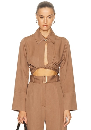 MATTHEW BRUCH Collared Long Sleeve Wrap Top in Mocha Lyocell - Brown. Size 6 (also in ).